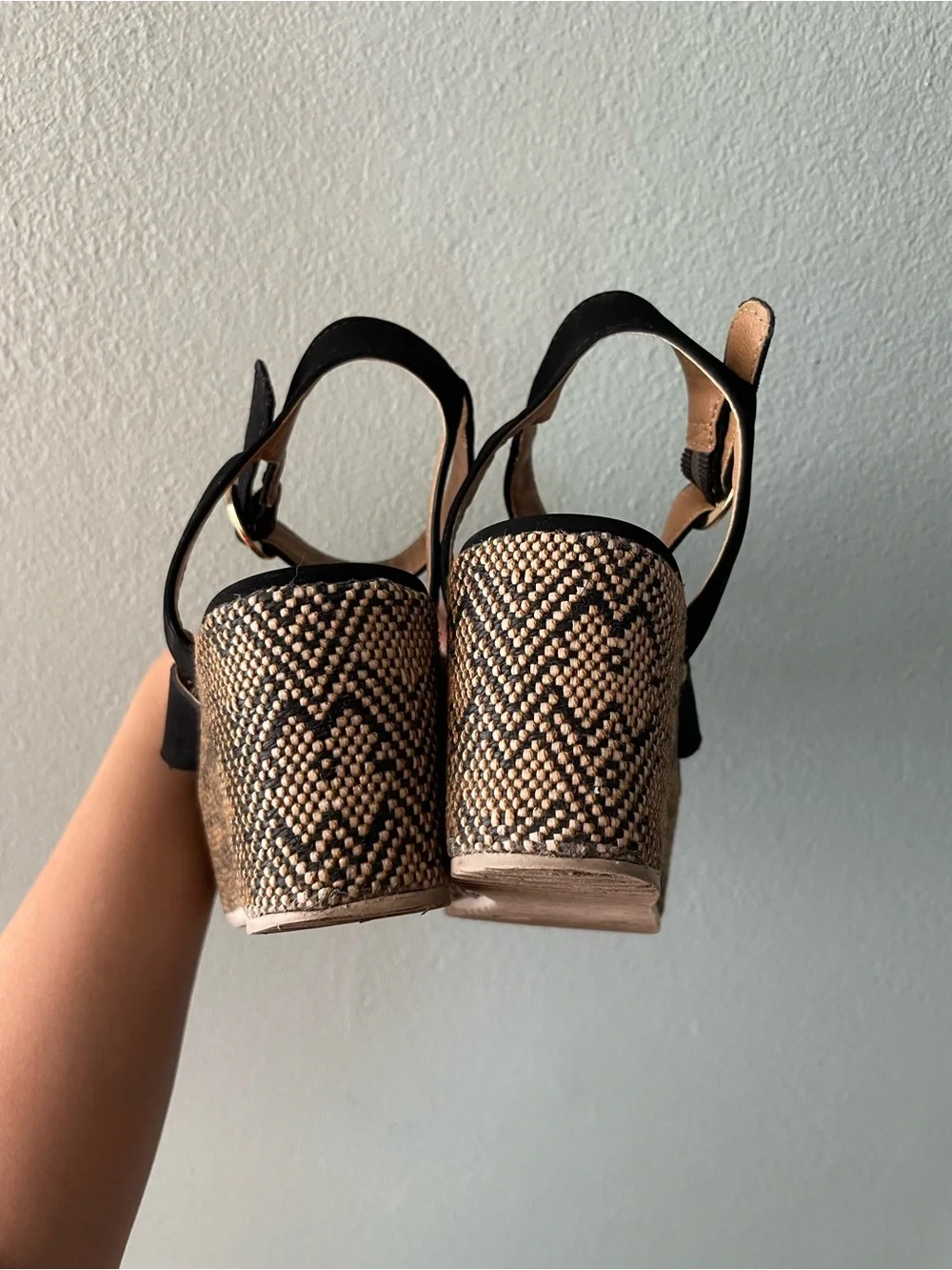 Report | Peppermint Crisscross Black Faux Suede Platform Wedge Sandal